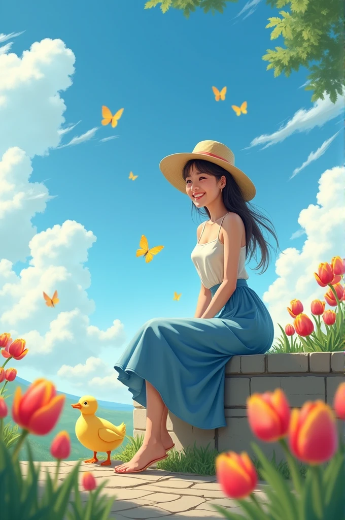 Adult girl in light-colored straw hat and top paired with blue skirt, seated beside a stone wall, gracing the scene with a smile, yellow duck by her side, surrounded by a foreground of colorful tulips, under a blue sky scattered with white clouds, butterflies in mid-flight, digital painting, ultra fine, cinematic.