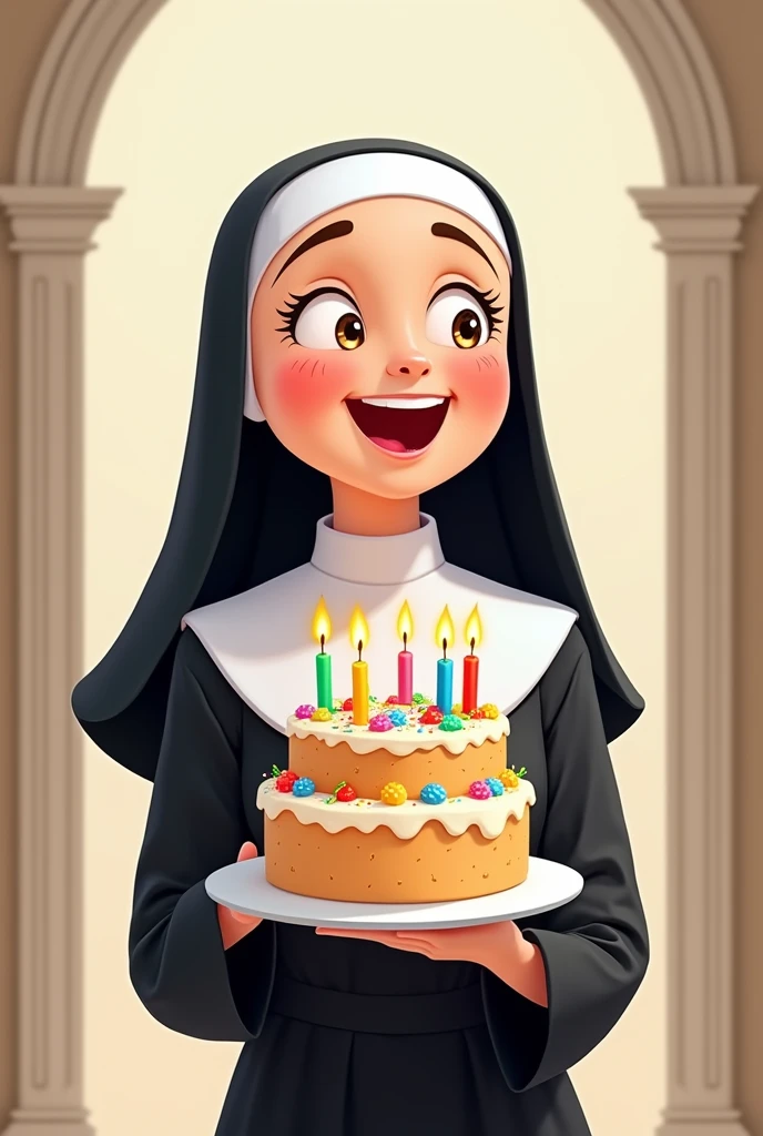 

A cartoon nun with a birthday cake 