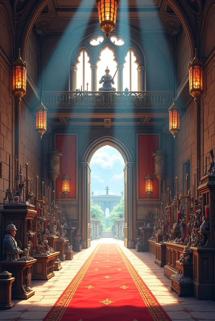 Armoury shop entrance hall, anime style art, without people