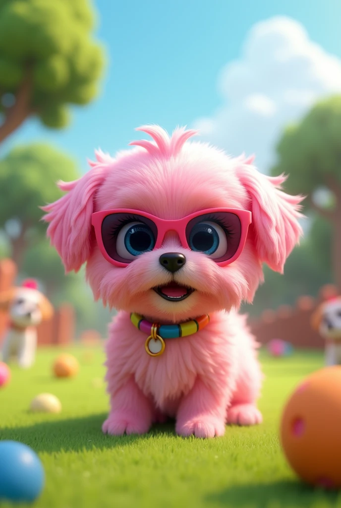 Adorable pink shih tzu puppy with blue eyes wearing colorful collar and sunglasses playing at dog park 3D Pixar Style