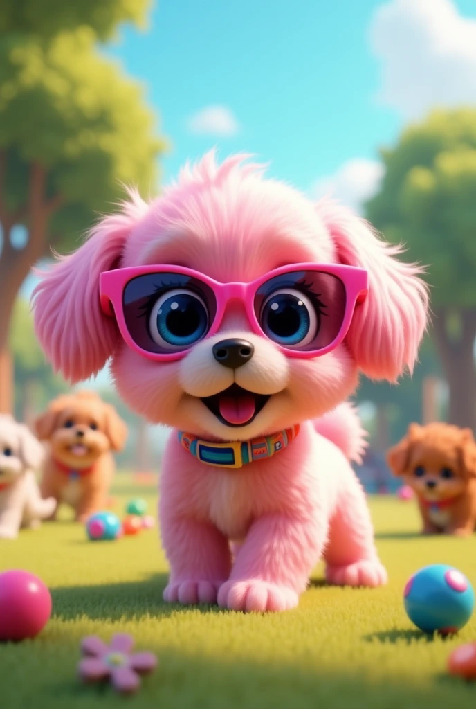 Adorable pink shih tzu puppy with blue eyes wearing colorful collar and sunglasses playing at dog park 3D Pixar Style