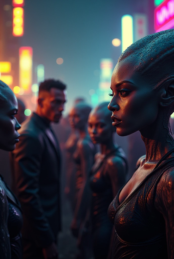 Marvel studios like crowd pictures
Night scene
Dark
Yellow pink neon lights
Men with aliens
Alien faces
Wide picture