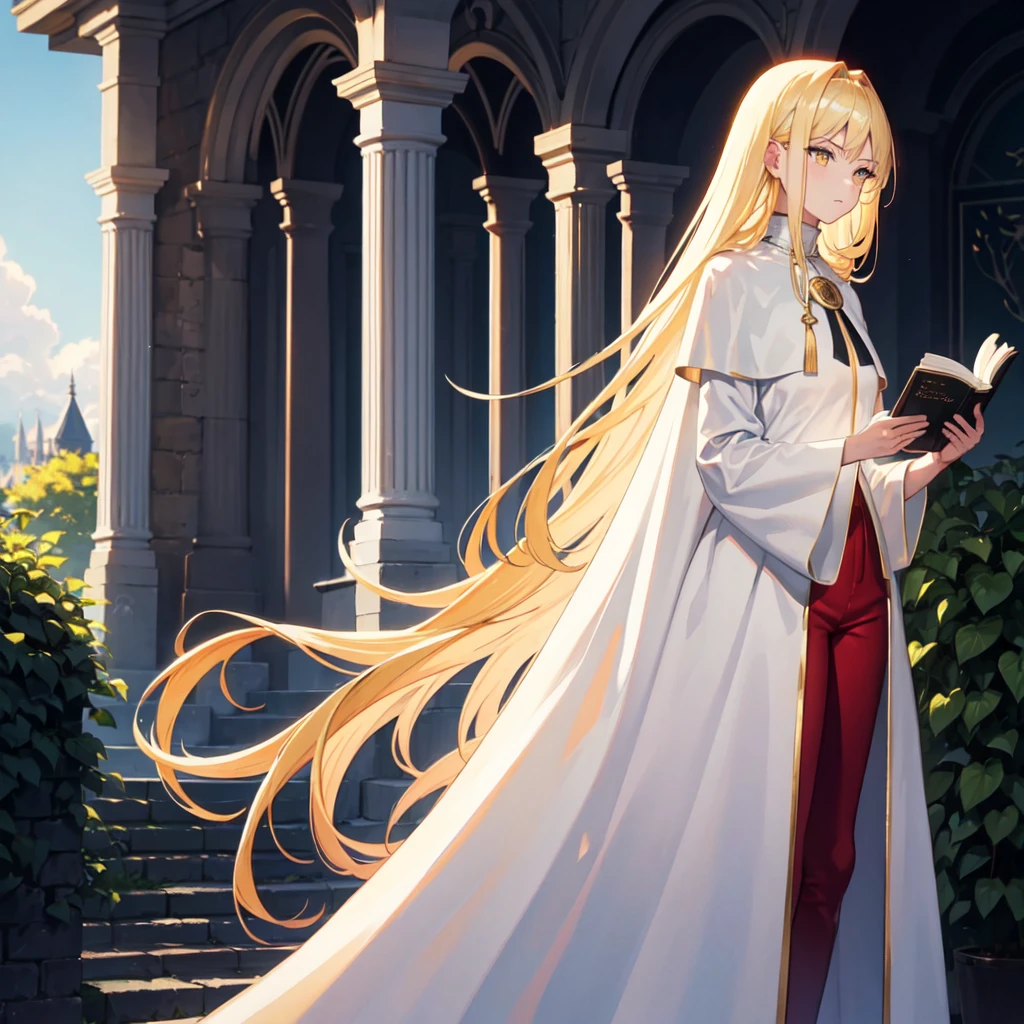 1 tall woman. long blonde hair. wearing white long cape, black body fit clothes, red pants and black high boots. yellow eyes. reading scrolls in an outside garden. high res, ultrasharp, 8k, masterpiece