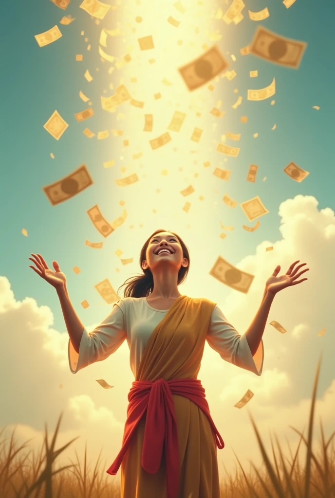 A beautiful Burmese woman smiles happily, looks up, and spreads her arms, waiting to receive money, which is falling from the sky in large amounts.