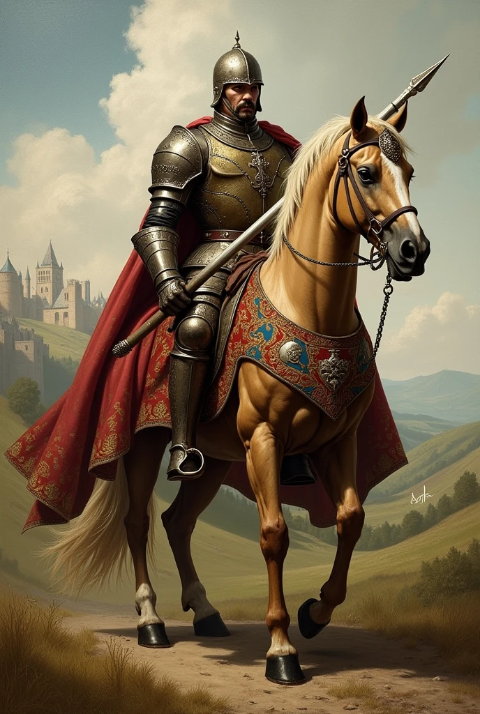 The Centaurs, heraldic horse robe, long spear, battle helmet, medieval painting, portrait,