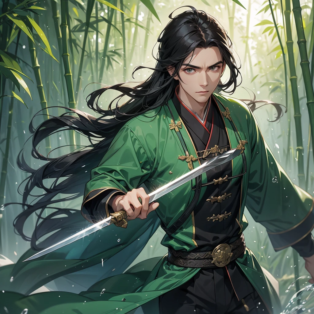 a Handsome black-haired male general holding a large sword in ancient Chinese costume, the back is a lush green bamboo forest. the air after rain has water droplets splashing around.