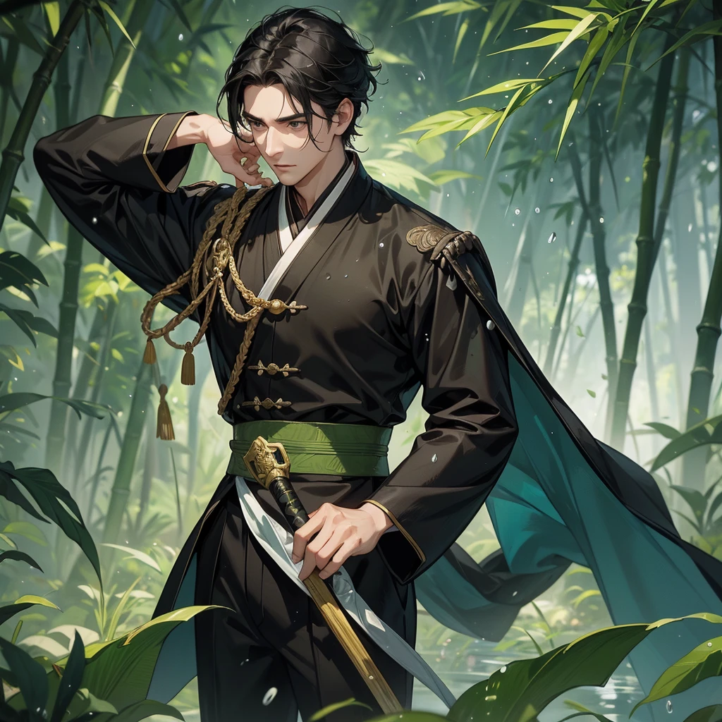 a Handsome black-haired male general holding a large sword in ancient Chinese costume, the back is a lush green bamboo forest. the air after rain has water droplets splashing around.