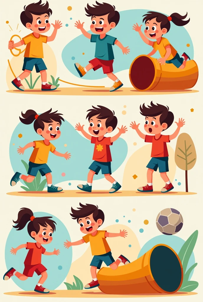 To carry out my project with children, I wanted a motor development circuit with images of children doing them. Take a little ball, and they go hoop jumping with two feet, one foot and so on until the walkway where you will need to walk in a straight line, without falling, then crawl through a tunnel, jump rope, until they reach the bucket where they will leave the ball. Multiple images with each step