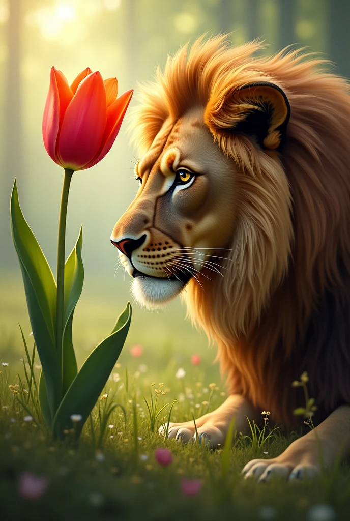 Lion admiring a tulip
