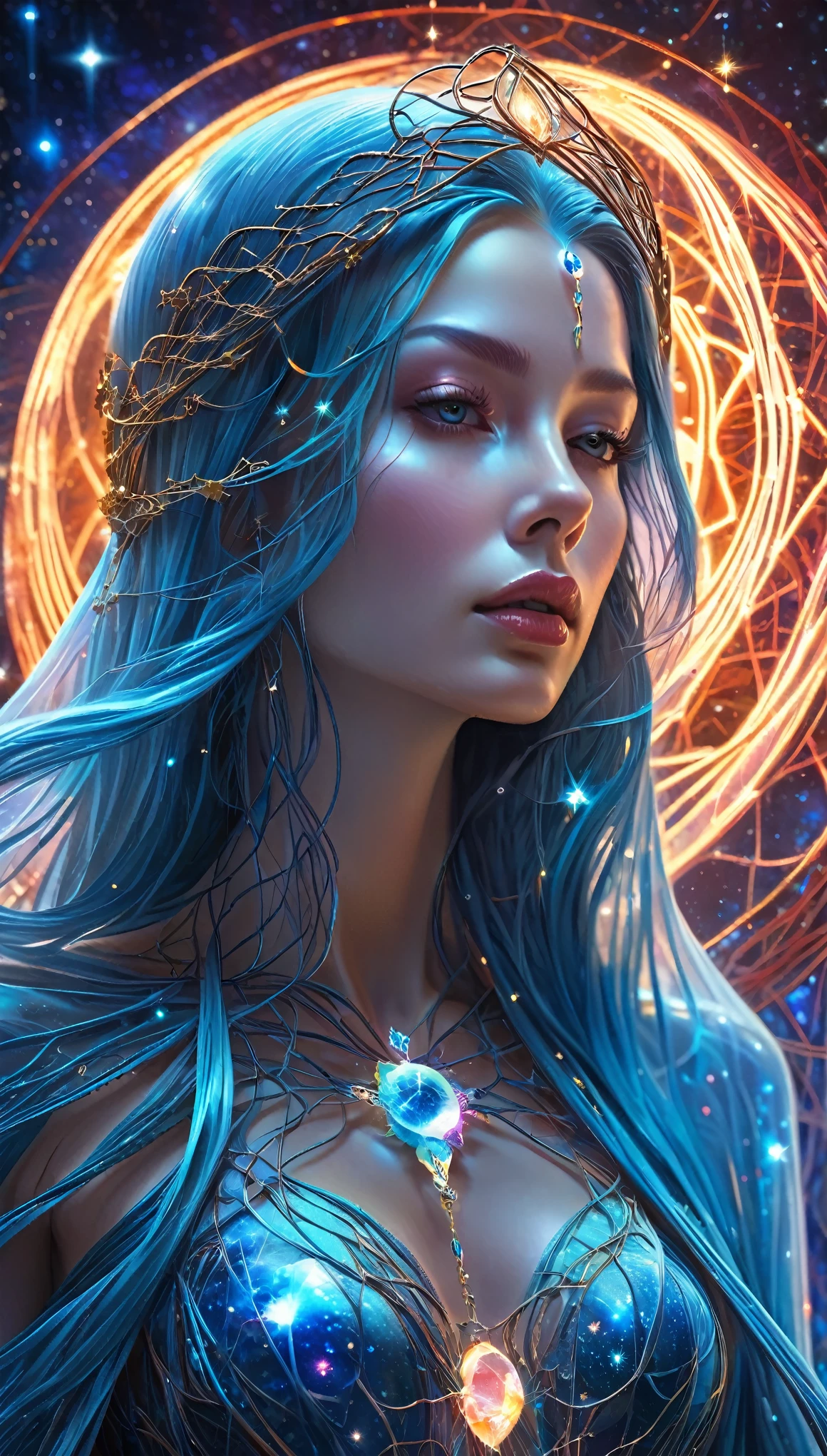 work of art, best qualityer, ultra-high resolution, extremely detaild, (psychedelic art:1.4), Woman, veil, visually stunning, great, award-winning illustration, cosmic space background, ethereal atmosphere, ultra quality, great girl, cosmic concept, 3D Hologram Cables, Transparent skin, mother of pearl veins, that grow from the darkness and intertwine, nailed wire, Thick blue blood dripped from him, crisp neon, Veins grow and pump blood, Vascular networks grow, 3D hologram with glowing crystal veins everywhere, Yin e Yang, bright space, shining stars, infinity symbol