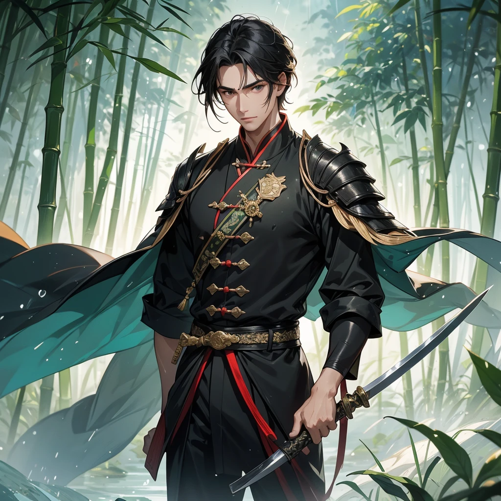 a Handsome black-haired male general holding a large sword in ancient Chinese costume, the back is a lush green bamboo forest. the air after rain has water droplets splashing around.
