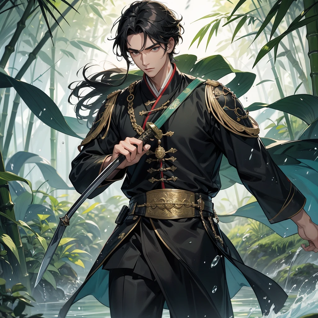 a Handsome black-haired male general holding a large sword in ancient Chinese costume, the back is a lush green bamboo forest. the air after rain has water droplets splashing around.