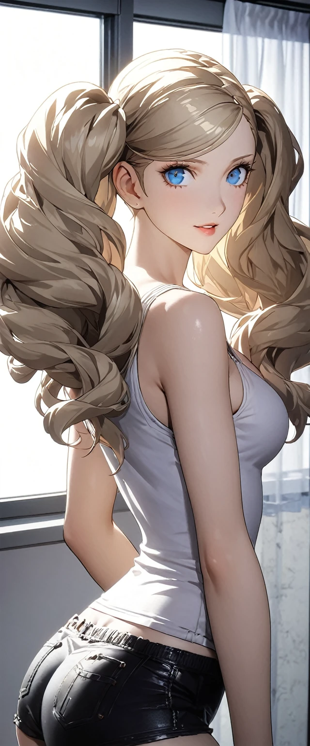 (1girl), Long Hair, Blonde, (青colorの目:1.1), twintails, big hair, swept bangs, 笑face, ((tanktop shorts)), classroom, break looking at viewer, (portrait, from side), break (masterpiece:1.2), Highest quality, High resolution, unity 8k wallpaper, (figure:0.8), (beautiful細部までこだわった目:1.6), 非常に詳細なface, Perfect lighting, Highly detailed CG, (Perfect hands, Perfect Anatomy), (Vibrant_color:1.2),Professional photos, ((beautiful_face:1.5)),(narrow_Waist),((character sprite, standing picture)),seductive smile,(perfect anatomy),((highly detailed beautiful face)), ((slender body, slim arms, lissome figure, slim body, willowy)), (bigboobs, Cleavage),((official art:1, Anime Art:1))