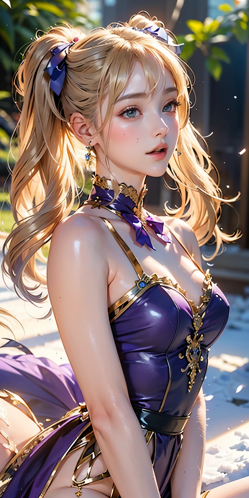 masterpiece, Highest quality, Highly detailed CG Unity 8k wallpaper,((Upper Body)) ,((Upper Body head close-up shot of a beautiful )), , Elegant long straight blonde hair, (Mckenna Grace), ((Flat Chest,Thighs,Self-illuminating skin)),transparent (Purple green) Golden (Sparkly tutu,long rabbit ears headgear, , bow tie, No pants, Genitals are visible), ((Sitting,Spread your legs)),(), (blush), , (), (Ice and snow world), Pretty face, Key Art, Awards, intricate detail realism hdr, by (Luan Jia, Altgerm and Range Murata), Photorealism, Hyperrealism, Ultra-realistic, Dramatic Light, Strong Shadows, Nice views, Depth of written boundary
