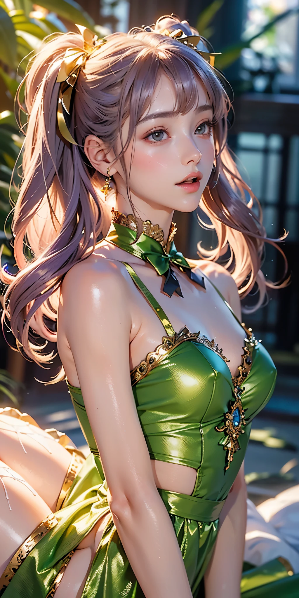 masterpiece, Highest quality, Highly detailed CG Unity 8k wallpaper,((Upper Body)) ,((Upper Body head close-up shot of a beautiful )), , Elegant long straight blonde hair, (Mckenna Grace), ((Flat Chest,Thighs,Self-illuminating skin)),transparent (Purple green) Golden (Sparkly tutu,long rabbit ears headgear, , bow tie, No pants, Genitals are visible), ((Sitting,Spread your legs)),(), (blush), , (), (Ice and snow world), Pretty face, Key Art, Awards, intricate detail realism hdr, by (Luan Jia, Altgerm and Range Murata), Photorealism, Hyperrealism, Ultra-realistic, Dramatic Light, Strong Shadows, Nice views, Depth of written boundary
