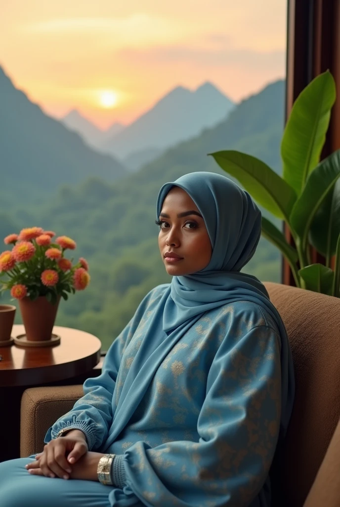(masterpiece) (detaile) a beautifull indonesian woman, big body, sitting on brown sofa, wearing soft blue pattern gamis, muslimah syar'i long hijab, bold make up, indoors, good lighting,
To the right of the chair there is a plants with and to the left is a wooden table with beautiful flowers. with a backdrop of mountain views and sunset. relaxed pose, close up, realistic, intricate details, warm colors, 5D, 8K