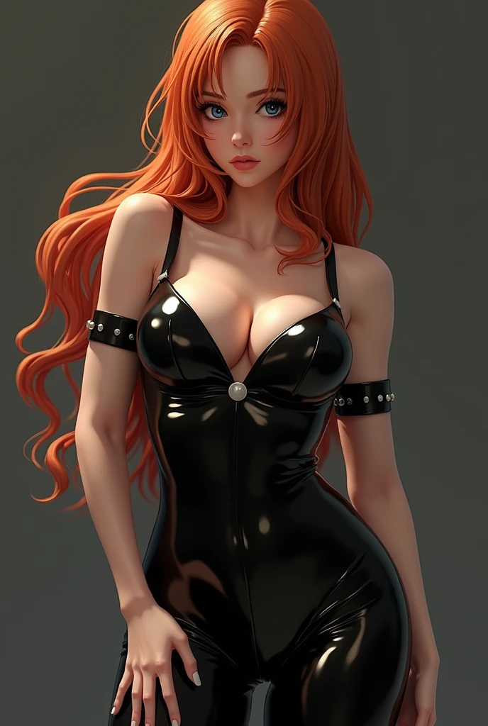 Beautiful girl with wavy red hair with shine, hair bubbles, shudder, long eyelashes, blue solid circle eyes, shadow makeup, red lips, fake animal ears, earrings and cord, light smile, large breasts, neckline, ear blush, fangs, with silver brown gold, Surrealism, projected shadow, anaglyph, stereogram, tachi-e, pov, atmospheric perspective, 8k, super detail,  accurate, better quality, defoliated background