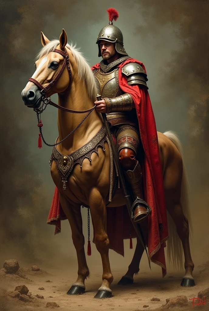A Centaurs, heraldic horse robe, long spear, battle helmet, medieval painting, portrait,