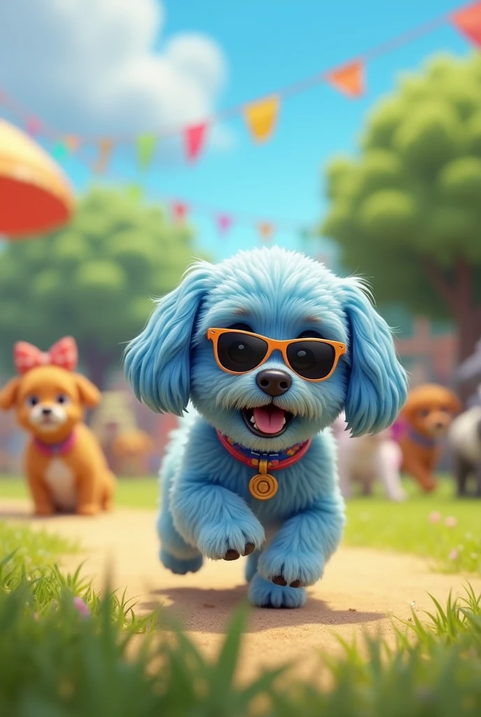Adorable blue shih tzu puppy blue shih tzu with blue eyes wearing colorful collar and sunglasses playing at dog park 3D Pixar Style