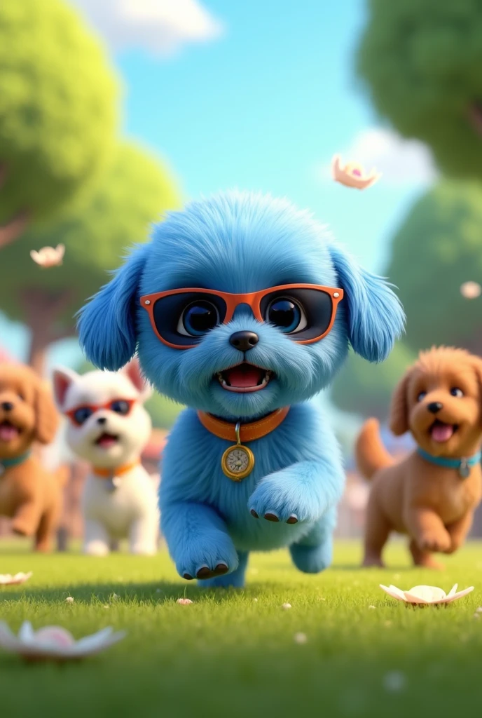 Adorable blue shih tzu puppy blue shih tzu with blue eyes wearing colorful collar and sunglasses playing at dog park 3D Pixar Style