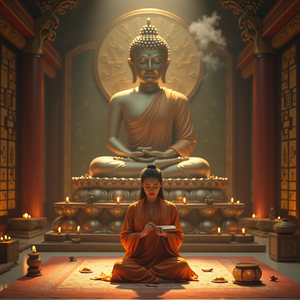 In a solemn Buddhist temple,A woman chants sutras while beating a wooden fish in front of a Buddha statue,Be religious and peaceful