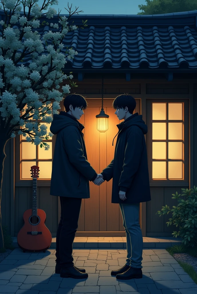 From a bit higher Two young men in dark jackets don't wear night bags quietly meet shaking hands in front of a village house ,A wooden house with dim lighting, there is a guitar, there is a jasmine tree in front of the house of one of the young men.