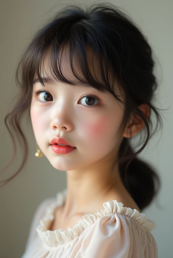 Make a picture of a Vietnamese girl, 1m53 tall, wearing glasses. ,have a mole under left chin, monolid eye,French bangs,cute dumpling cheeks,lower lip thick upper lip slightly thinner,khuôn mặt tròn dễ thương