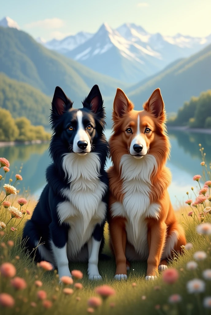 A black and a brown border collie together in a beautiful place