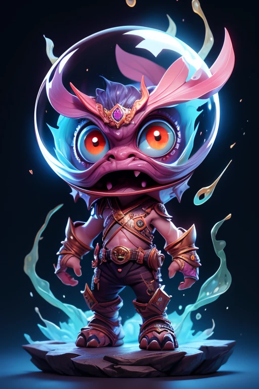 Create a monster image, a small, big-headed, baby monster.. The body is transparent and can be seen through. The image is sharp and detailed., with beautiful colors.. With arms, leg, eyes, mouth, พื้นหลังสีlegว