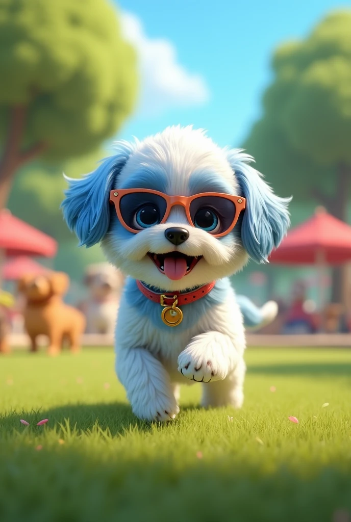 Adorable blue shih tzu puppy blue shih tzu with blue eyes wearing colorful collar and sunglasses playing at dog park 3D Pixar Style
