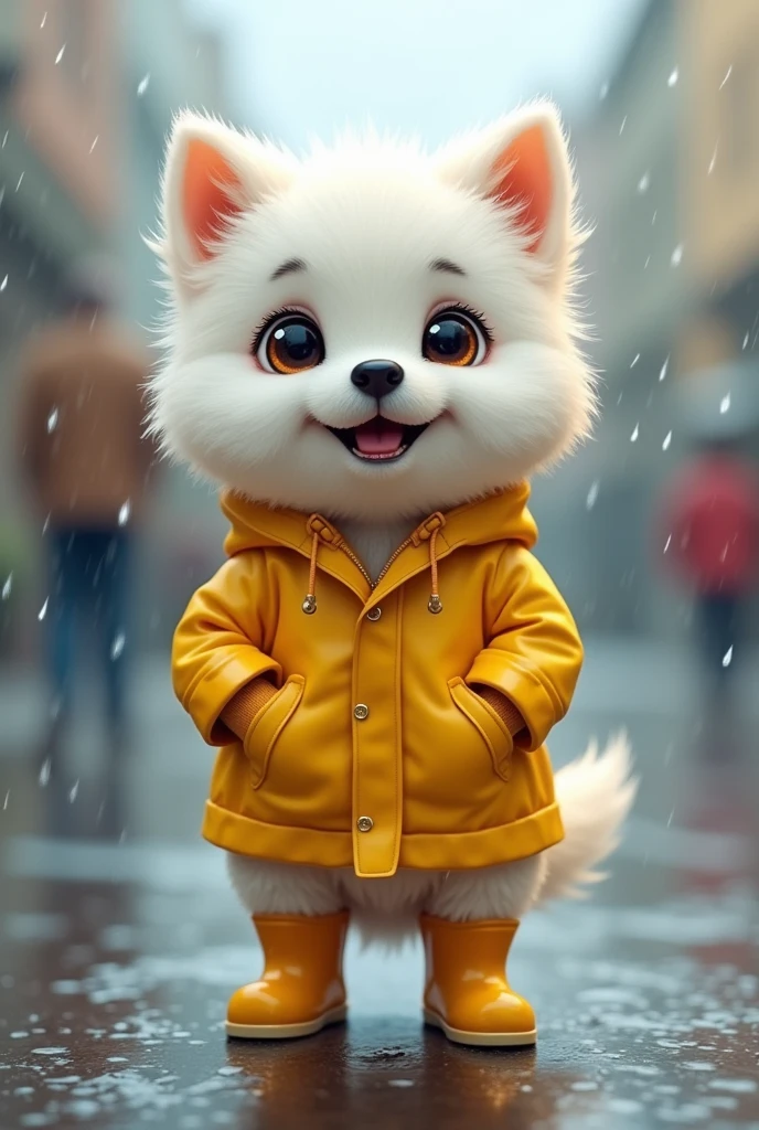 A cute white dog is standing in the rain wearing a raincoat and rain boots