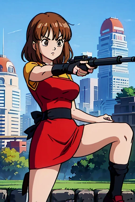 Highest quality、Ultra HD、One Woman、(Brown hair, straight and long 1.3)、(Red One Piece 1.3)、(White Heels 1.1)、(Knee-high socks 1.2)、((Shoot a gun 1.2))、(red ribbon 1.2)、(Beautiful face like a Japanese actress 1.2)、Adult women、Slender body、((Large Breasts))、(Sunset city background 1.2)、((Clear and beautiful touch))