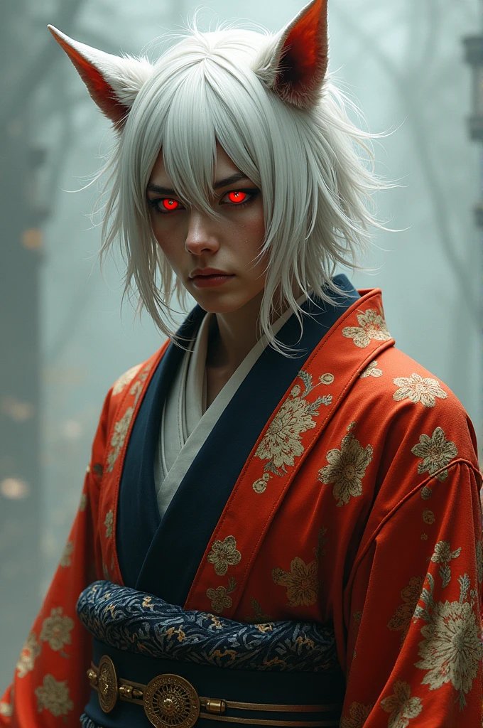 A man with white hair, dog ears, red eyes, and wearing a kimono.