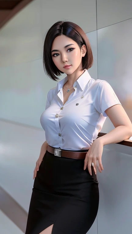 Pretty thai woman short hair  , (8k, best quality, masterpiece, ultra highres:1.2) Photo of Pretty thai woman beautiful, beautiful enchanting fashion contemporary painting with , (1girl), (white shirt short sleeves), ((black pencil skirt)), belt , realistic skin texture , round chin, 85 mm art lens, f 1. 2, sharp focus, 8 k high definition, insanely detailed, intricate, elegant , big breasts , black skirt 