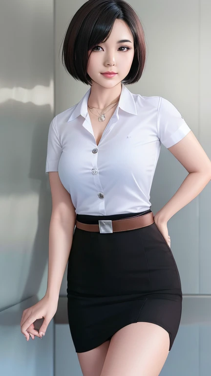 Pretty thai woman short hair , (8k, best quality, masterpiece, ultra highres:1.2) Photo of Pretty thai woman beautiful, beautiful enchanting fashion contemporary painting with , (1girl), (white shirt short sleeves), ((black pencil skirt)), belt , realistic skin texture , round chin, 85 mm art lens, f 1. 2, sharp focus, 8 k high definition, insanely detailed, intricate, elegant , big breasts , black skirt
