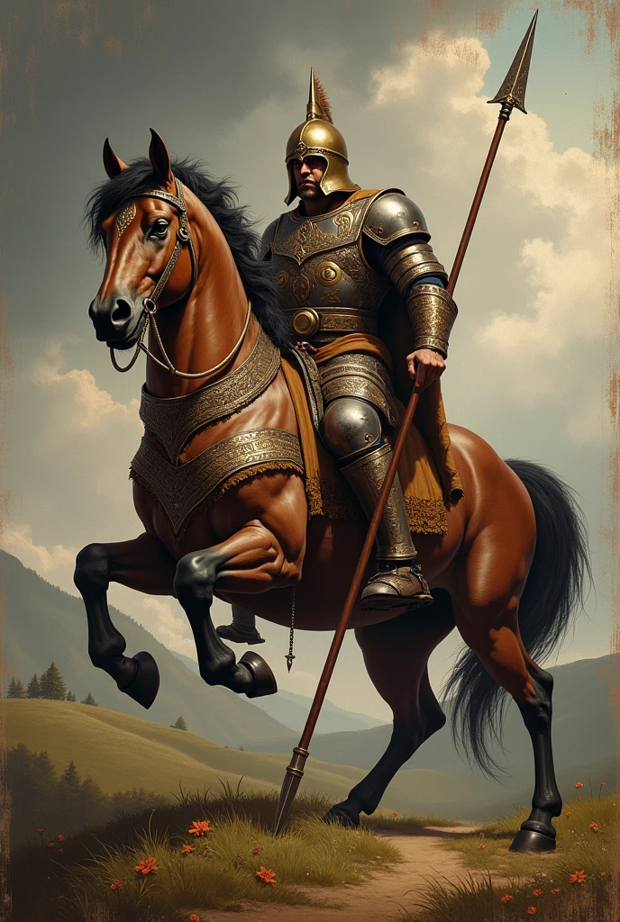 A Centaurs, heraldic horse robe, long spear, battle helmet, medieval painting,