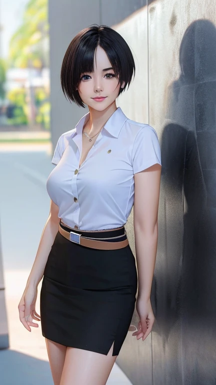 Pretty thai woman short hair , (8k, best quality, masterpiece, ultra highres:1.2) Photo of Pretty thai woman beautiful, beautiful enchanting fashion contemporary painting with , (1girl), (white shirt short sleeves), ((black pencil skirt)), belt , realistic skin texture , round chin, 85 mm art lens, f 1. 2, sharp focus, 8 k high definition, insanely detailed, intricate, elegant , big breasts , black skirt