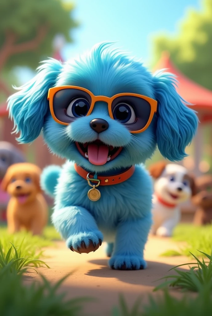 Adorable blue shih tzu puppy blue shih tzu with blue eyes wearing colorful collar and sunglasses playing at dog park 3D Pixar Style