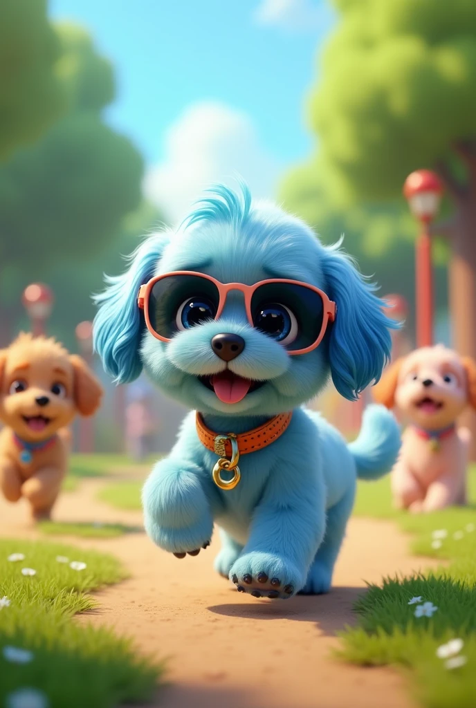 Adorable blue shih tzu puppy blue shih tzu with blue eyes wearing colorful collar and sunglasses playing at dog park 3D Pixar Style