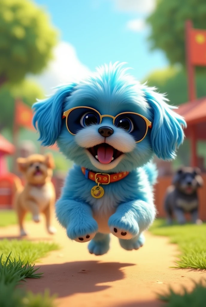 Adorable blue shih tzu puppy blue shih tzu with blue eyes wearing colorful collar and sunglasses playing at dog park 3D Pixar Style
