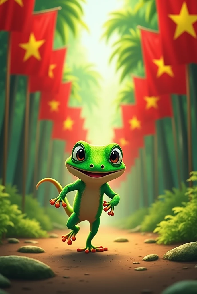Funny green gecko running in the forest of Vietnamese flags