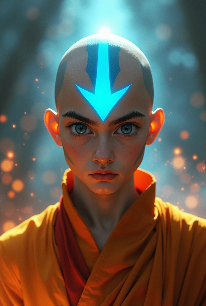 avatar aang, the last airbender, in the style of furaffinity, orange robes, red, #vfxfriday, massurrealism, explosive pigmentation, spiritualcore, cinematic lighting, bioluminescent arrow, (arrow pointing downwards), portrait photorealism, highly detailed, 8k sharp focus