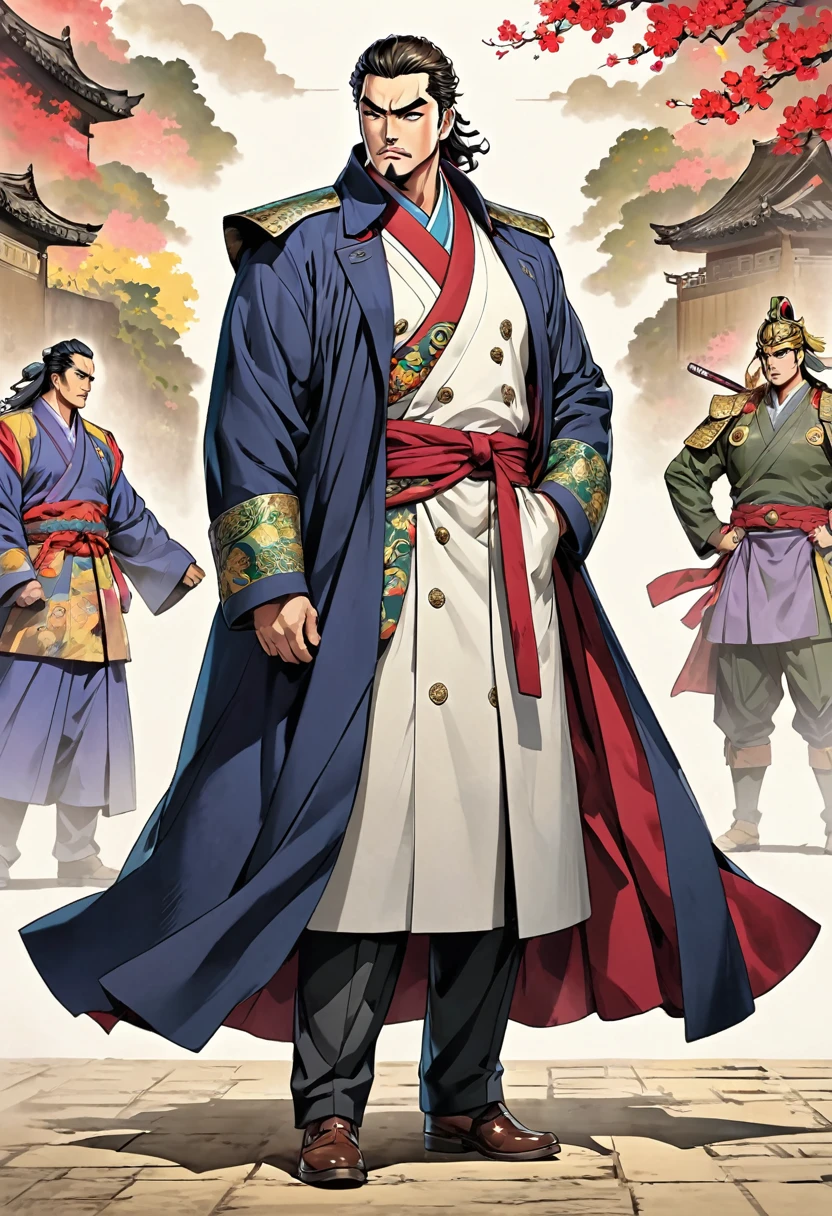 Three Kingdoms Jojo, Clothes made of a coat, leader, middle aged man, Full body exposed, Looking to the side, Don't turn your head, Blue color clothes,