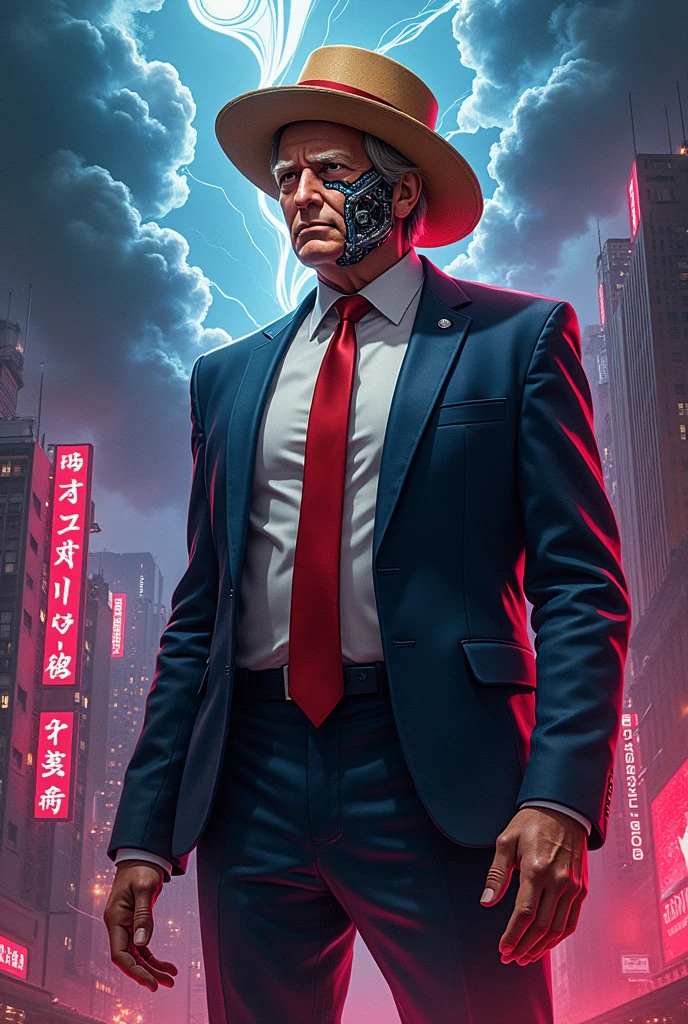 Luffy and Donald trump,one piece cyberpunk , Aura red and Aura blu ,dark energy