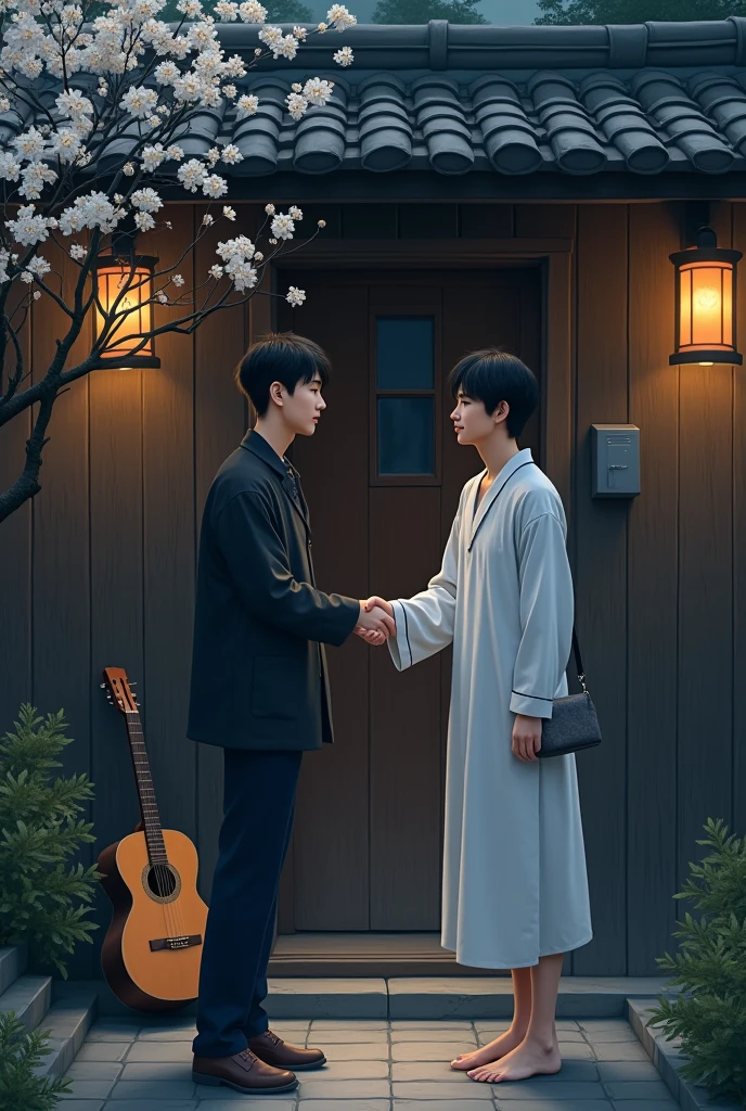 From a bit above Two young men, one in a dark jacket and the other wearing a nightgown and a night bag, meet and shake hands in front of a village house ,A wooden house with dim lighting, there is a guitar, there is a jasmine tree in front of the house of one of the young men. 