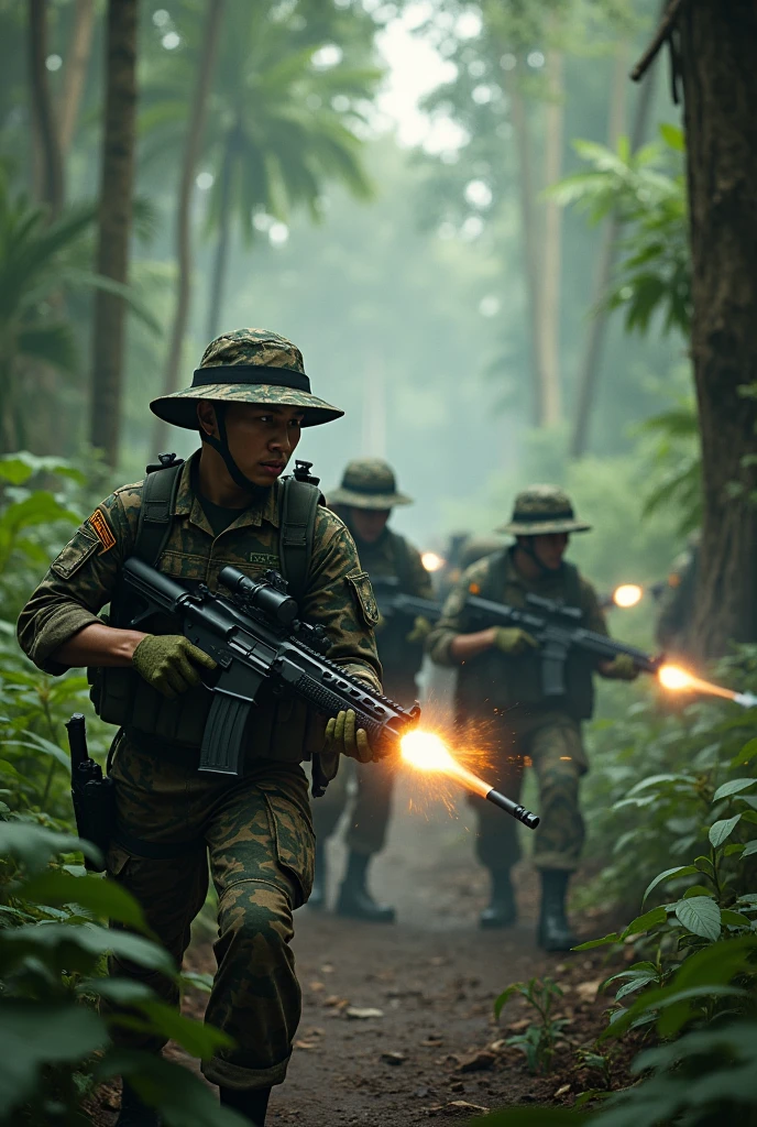Photorealism 1.4 realistic realism high detailed definition  Malaysia army on duty at jungle.jungle hat digital camouflage. Ambush being attack by enemies from nowhere smoke effect shooting action explosion