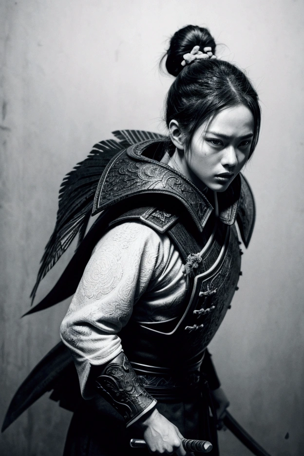 vintage poster of a young agile and short samurai, with a pair of wakizashi, with black hair in a bun, his white and blue clothes and armor, decorated with air and feather motifs., dark mood::2
, in the style of Brian M. viveros, multi-layered compositions, takayuki takeya, uhd image, red and gray, intricate patterns and details, michael hussar::1
dramatic ilumination, Chinese ink, wash technique, a katana very detailed, splatter ink, black and white, black and white still, digital Art, perfect composition, beautiful detailed intricate insanely detailed, octane render trending on artstation, 8 k artistic photography, sumi-e concept art, soft natural volumetric cinematic perfect light, chiaroscuro::1