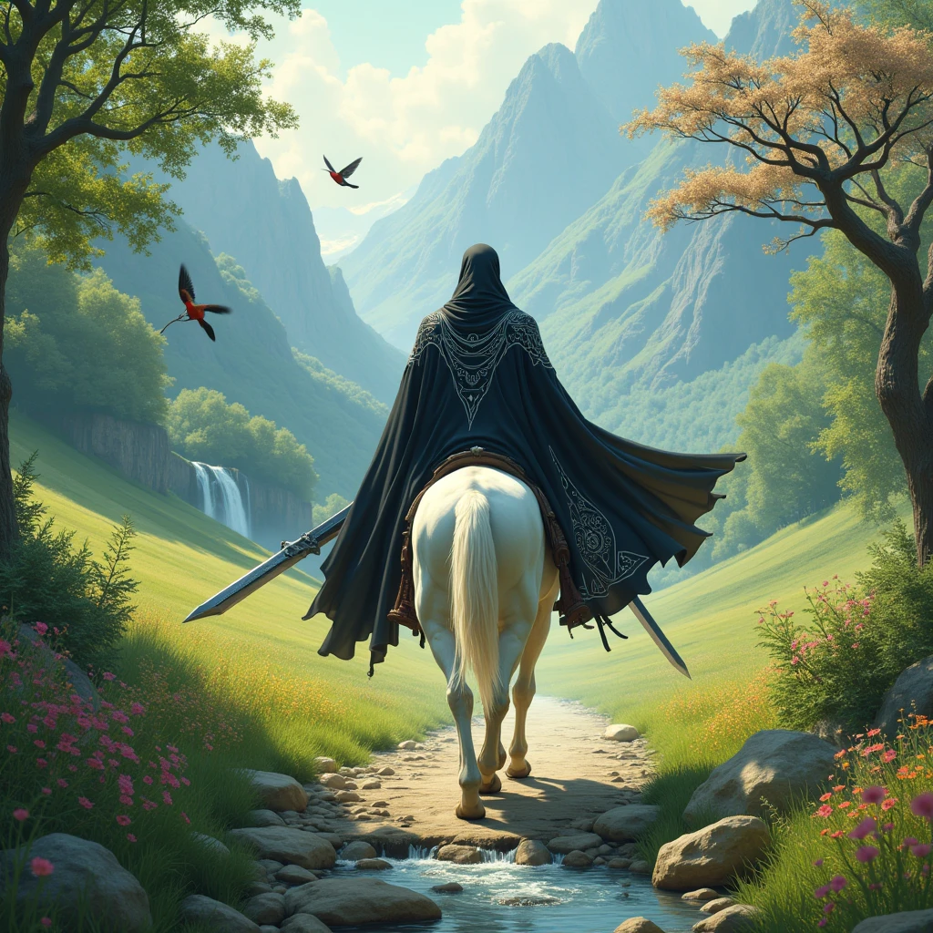 **Central Figure: Cabuliwala on a White Horse**
- **Positioning**: The Cabuliwala, dressed in a black cloak with white accents, is riding a pure white horse. The Cabuliwala should be facing away from the viewer, with the cloak flowing naturally and revealing a white garment underneath. The horse is in motion, with its tail and mane flowing dynamically. The Cabuliwala should either be holding a detailed sword or have it sheathed at his side.
- **Appearance**: The cloak should be detailed with intricate white patterns, and the sword should be prominently visible.
**Background Elements:**
- **Road**: A narrow, uneven path with scattered gravel or stones.
- **Vegetation**: Trees with vibrant green leaves and blooming flowers in red, yellow, purple, and blue.
- **Stream**: A clear stream with visible rocks underwater and gentle ripples.
- **Field**: A vast green field with tall grass and wildflowers.
- **Mountains and Waterfall**: Majestic mountains with a cascading waterfall, featuring dynamic water with a misty base.
**Additional Details:**
- **Birds**: Small, colorful lovebirds flying and perched on branches.
- **Lighting and Atmosphere**: Soft, golden light creating a magical, serene atmosphere with shadows enhancing depth.
- **Color Palette**: Harmonious colors with high contrast between the Cabuliwala's black and white cloak and the vibrant background.
---
You can use this description on image generation platforms or describe