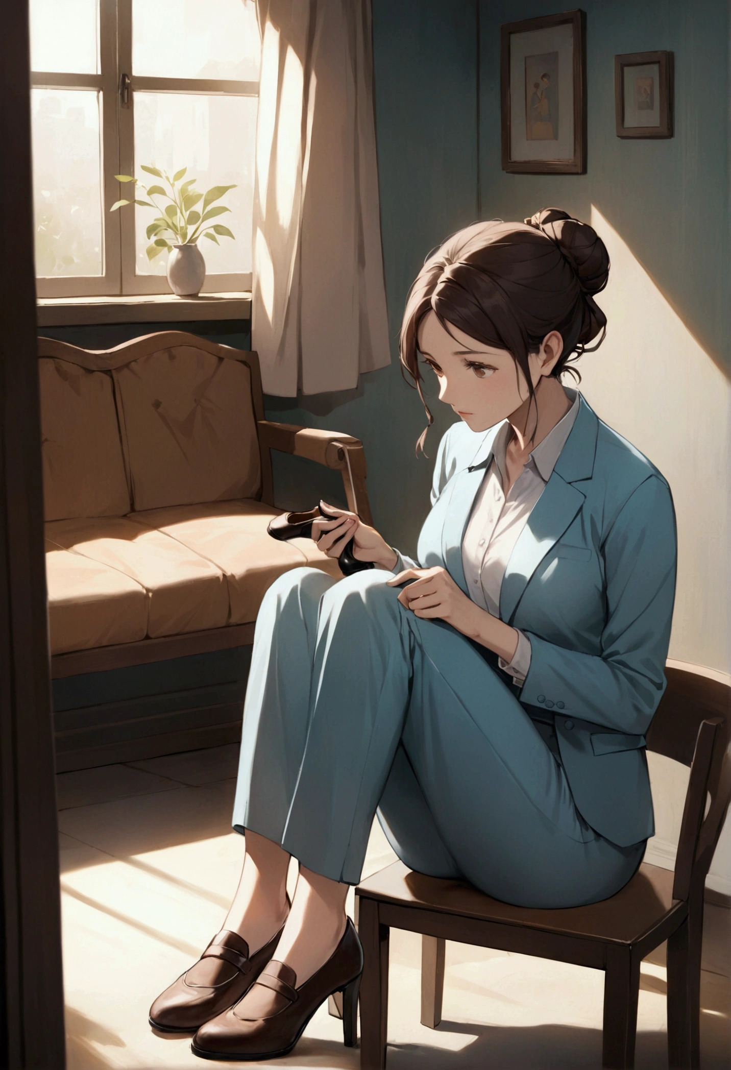 create a cinematic style close-up shot of a 3 Indian mother with dark brown hair tied in a loose bun, wearing formal office attire consisting of a light blue blouse, matching trousers, and a blazer, sitting on a chair in a modest living room. The mother is placed centrally in the frame, focusing on fixing one of her slightly worn-out shoes with a thoughtful expression. The point of view is eye-level, and the lighting should be soft and focused, highlighting the texture of the worn-out shoes. The mood of the scene is one of quiet determination. Ensure the background shows a simple room with a few personal items and a sense of modesty.