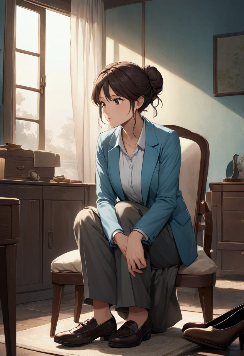 create a cinematic style close-up shot of a 3 Indian mother with dark brown hair tied in a loose bun, wearing formal office attire consisting of a light blue blouse, matching trousers, and a blazer, sitting on a chair in a modest living room. The mother is placed centrally in the frame, focusing on fixing one of her slightly worn-out shoes with a thoughtful expression. The point of view is eye-level, and the lighting should be soft and focused, highlighting the texture of the worn-out shoes. The mood of the scene is one of quiet determination. Ensure the background shows a simple room with a few personal items and a sense of modesty.